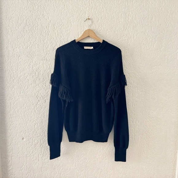 Tory Burch Bristol Sweater Pullover Crew Black Alpaca Silk Knit Fringe Ribbed L - Picture 4 of 12